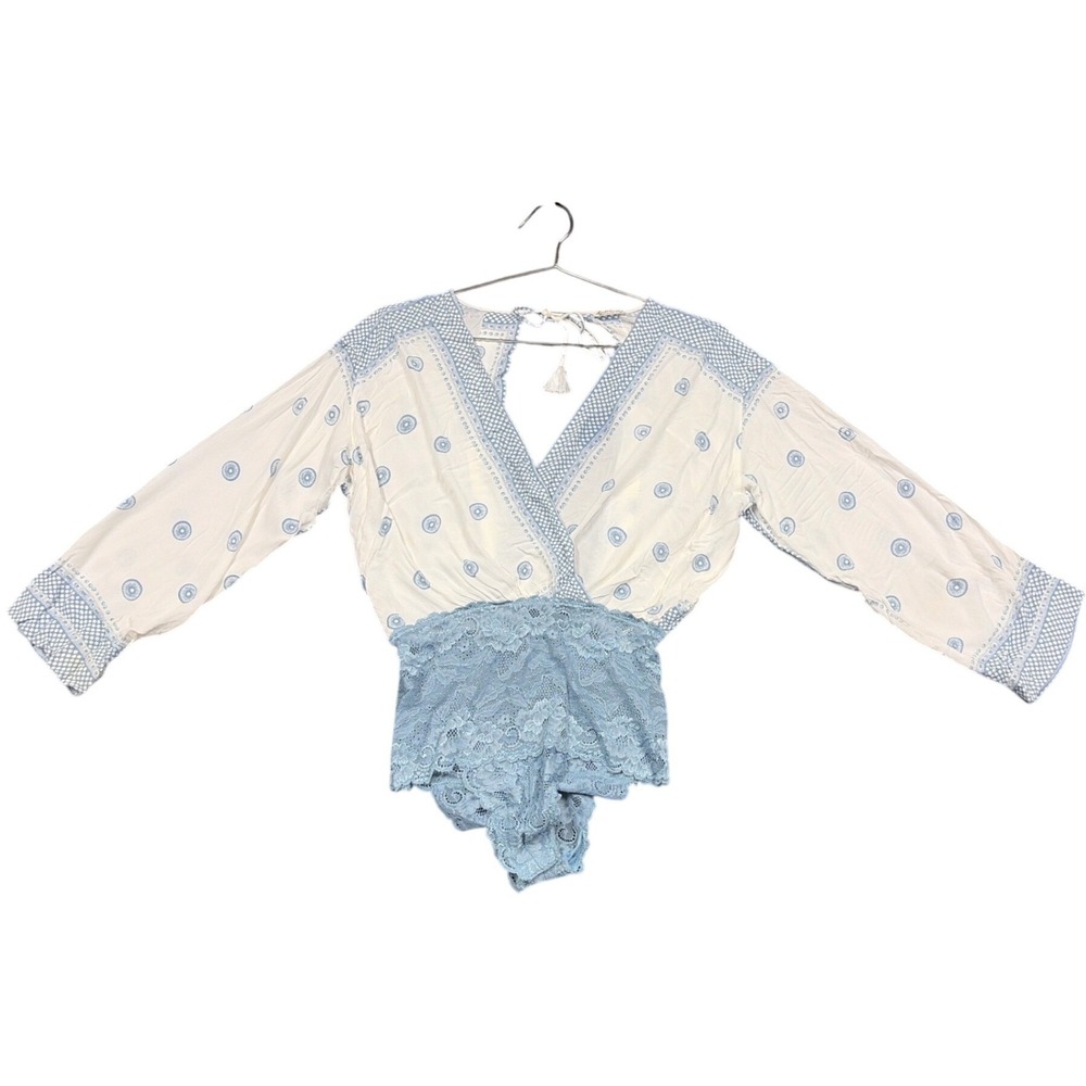 Free People Bodysuit Womens XS Blue White Lace Intimately Boho Long Sleeve V-Nck